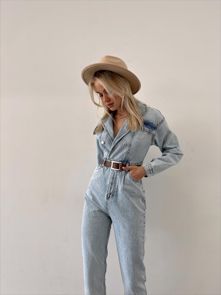 Kruvaze Yaka Düğme Kapamalı Antonina Kadın Buz Mavisi Kot Tulum 23Y000201