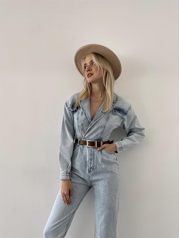 Kruvaze Yaka Düğme Kapamalı Antonina Kadın Buz Mavisi Kot Tulum 23Y000201