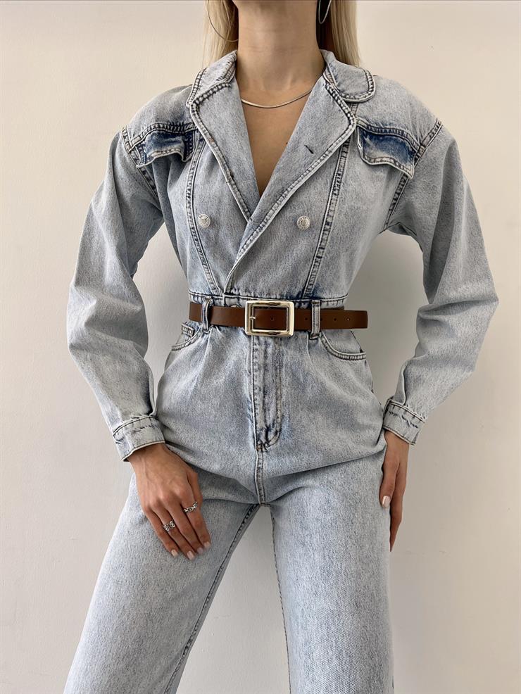 Kruvaze Yaka Düğme Kapamalı Antonina Kadın Buz Mavisi Kot Tulum 23Y000201