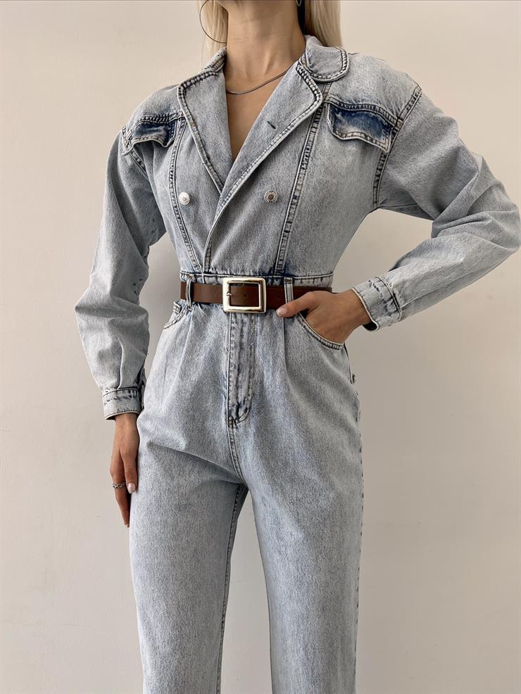 Kruvaze Yaka Düğme Kapamalı Antonina Kadın Buz Mavisi Kot Tulum 23Y000201