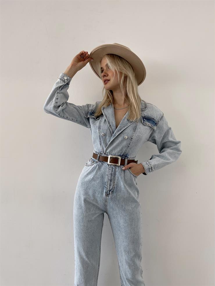 Kruvaze Yaka Düğme Kapamalı Antonina Kadın Buz Mavisi Kot Tulum 23Y000201