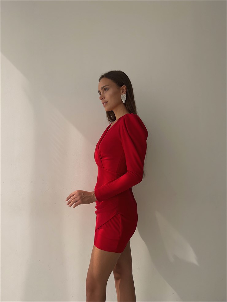 Kruvaze Yaka Eteği Drape Uzun Kol Boris Kadın Kırmızı Mini Elbise 23K000031