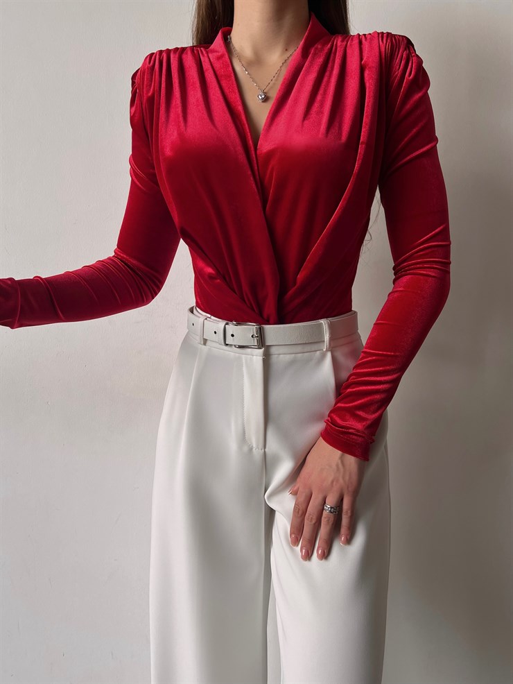 Kruvaze Yaka Kadife Uzun Kollu Cems Kadın Kırmızı Bodysuit 23K000353