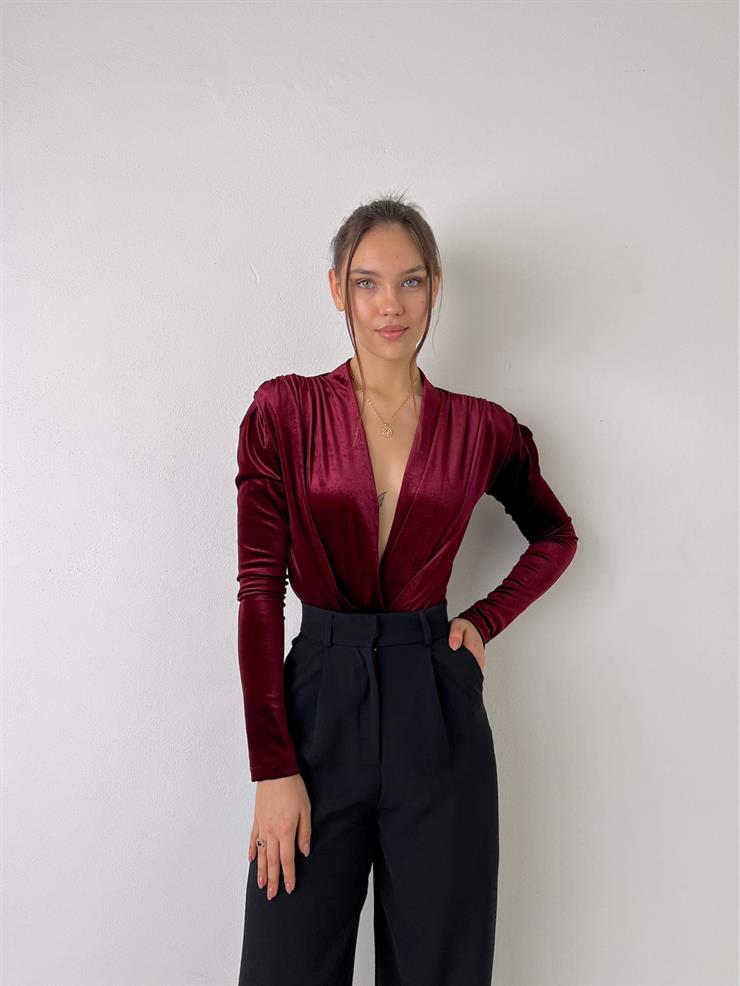 Kruvaze Yaka Kadife Uzun Kollu Cems Kadın Bordo Bodysuit 23K000353