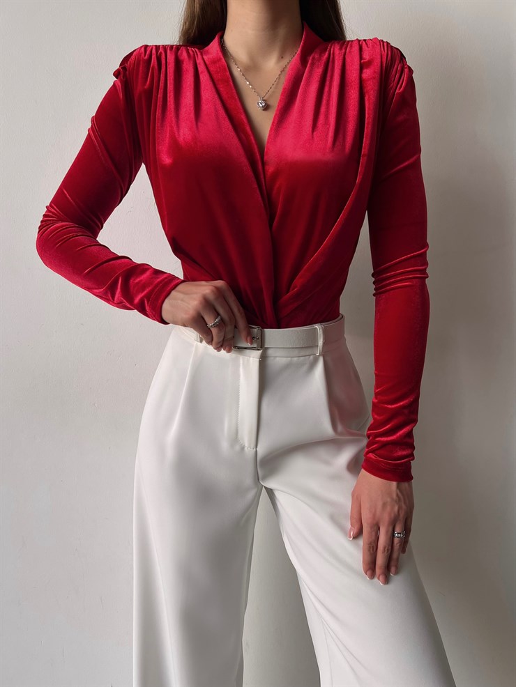 Kruvaze Yaka Kadife Uzun Kollu Cems Kadın Kırmızı Bodysuit 23K000353
