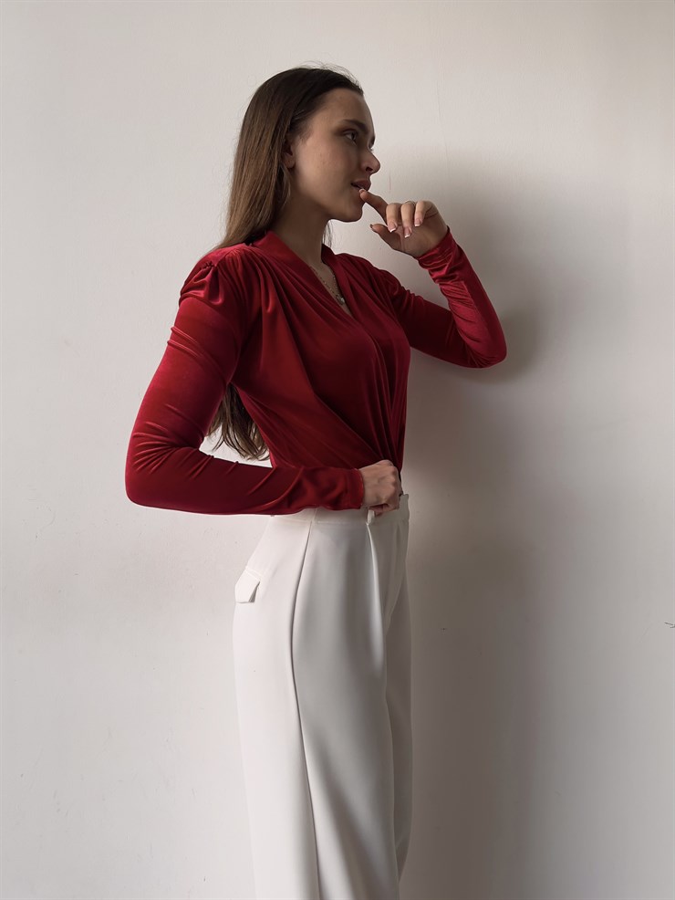 Kruvaze Yaka Kadife Uzun Kollu Cems Kadın Kırmızı Bodysuit 23K000353