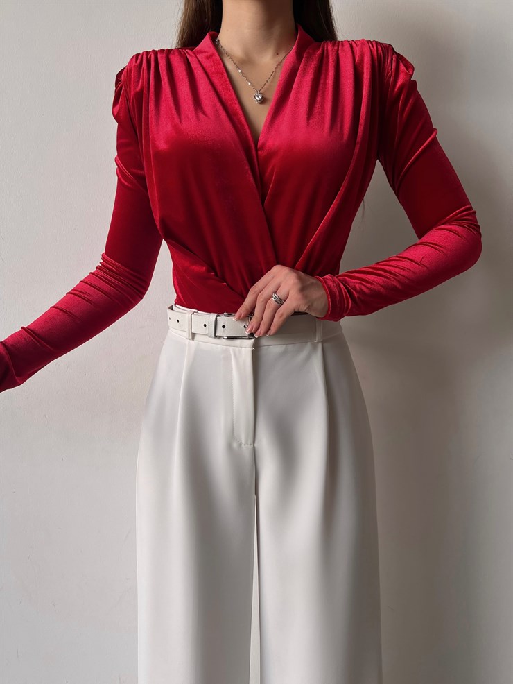 Kruvaze Yaka Kadife Uzun Kollu Cems Kadın Kırmızı Bodysuit 23K000353