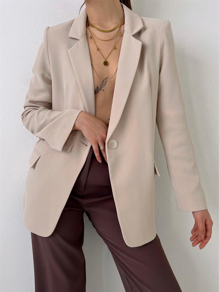 Kruvaze Yaka Tek Düğme Kapamalı Kaela Kadın Taş Arkası Yırtmaçlı Blazer Ceket 23Y000021