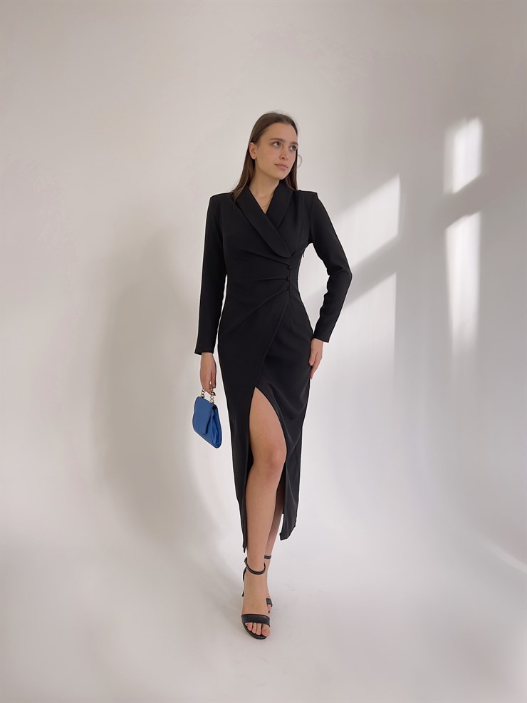 Kruvaze Yaka Uzun Kol Derin Yırtmaçlı Weston Kadın Siyah Midi Elbise 23K000417