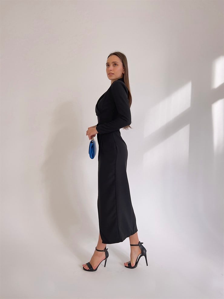 Kruvaze Yaka Uzun Kol Derin Yırtmaçlı Weston Kadın Siyah Midi Elbise 23K000417
