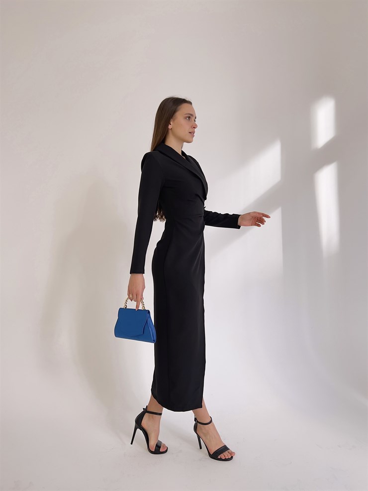 Kruvaze Yaka Uzun Kol Derin Yırtmaçlı Weston Kadın Siyah Midi Elbise 23K000417