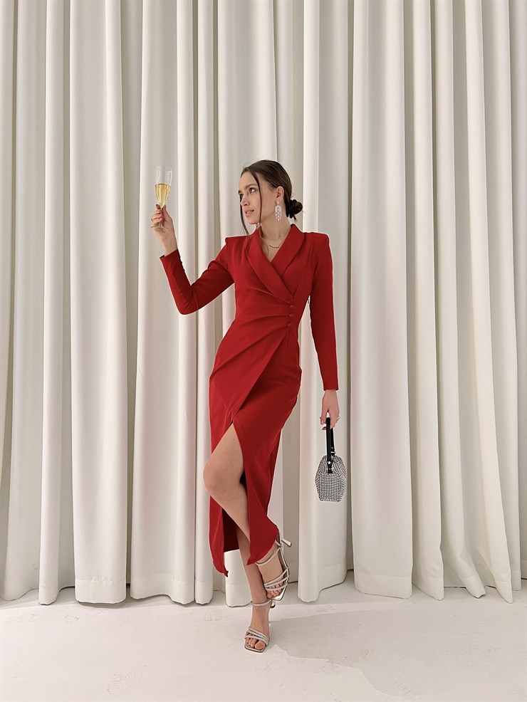 Kruvaze Yaka Uzun Kol Derin Yırtmaçlı Weston Kadın Kırmızı Midi Elbise 23K000417
