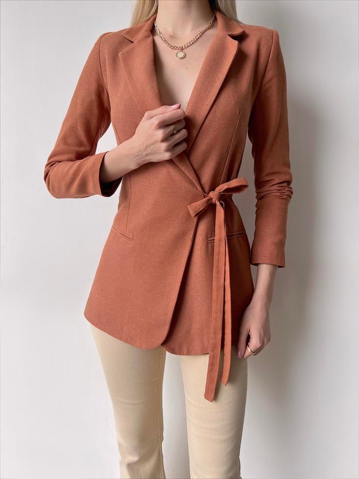 Kruvaze Yaka Yandan Bağlamalı Litzy Kadın Taba Ceket 23Y000022