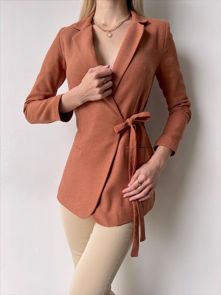 Kruvaze Yaka Yandan Bağlamalı Litzy Kadın Taba Ceket 23Y000022