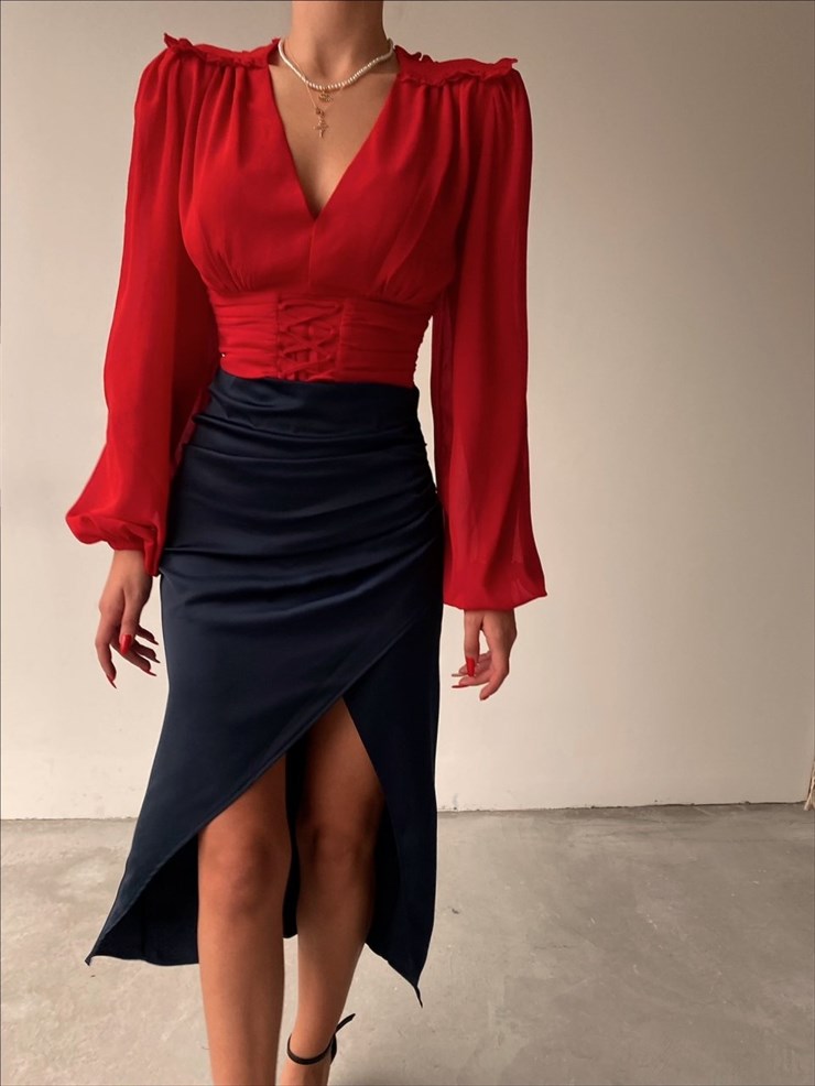 Kruvaze Yandan Yırtmaçlı Drape Kadın Lacivert Etek 22K000374