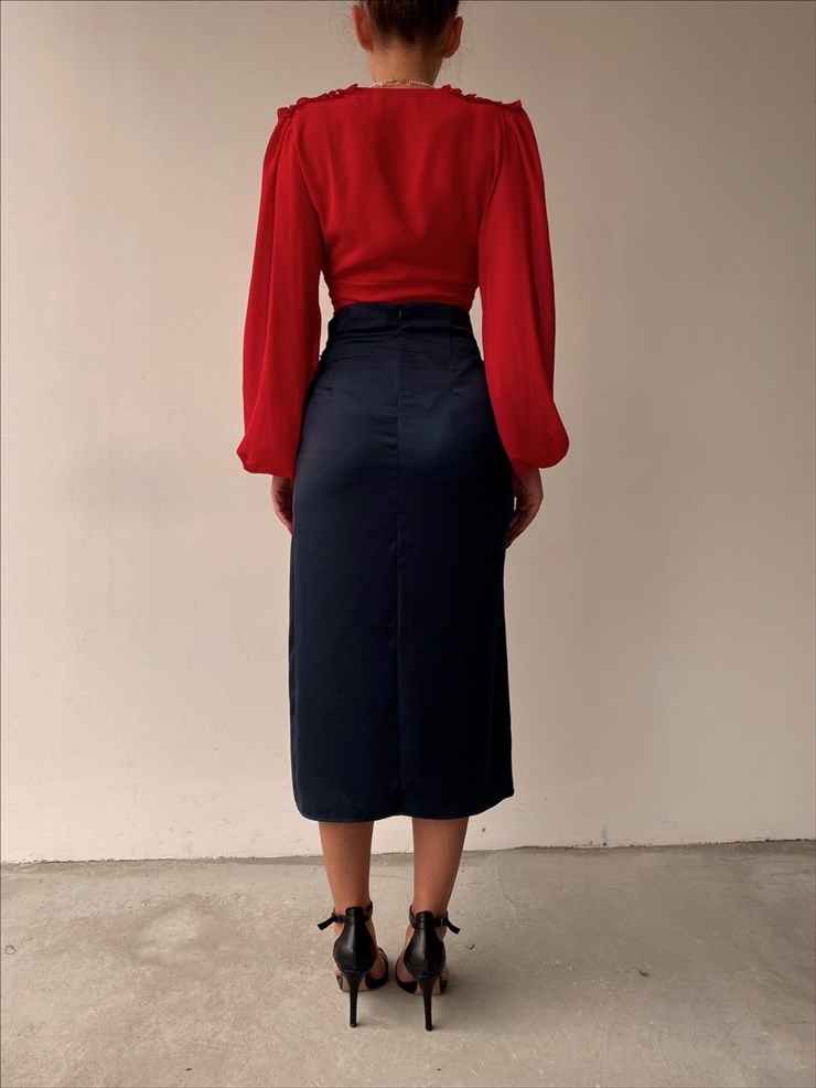 Kruvaze Yandan Yırtmaçlı Drape Kadın Lacivert Etek 22K000374