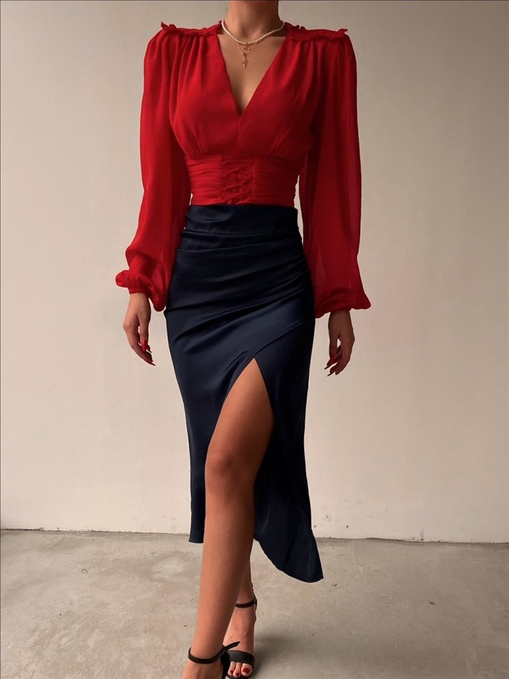 Kruvaze Yandan Yırtmaçlı Drape Kadın Lacivert Etek 22K000374