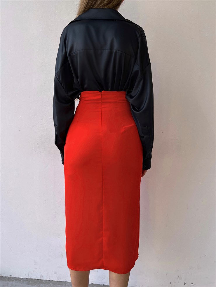 Kruvaze Yandan Yırtmaçlı Drape Kadın Nar Çiçeği Etek 22K000374
