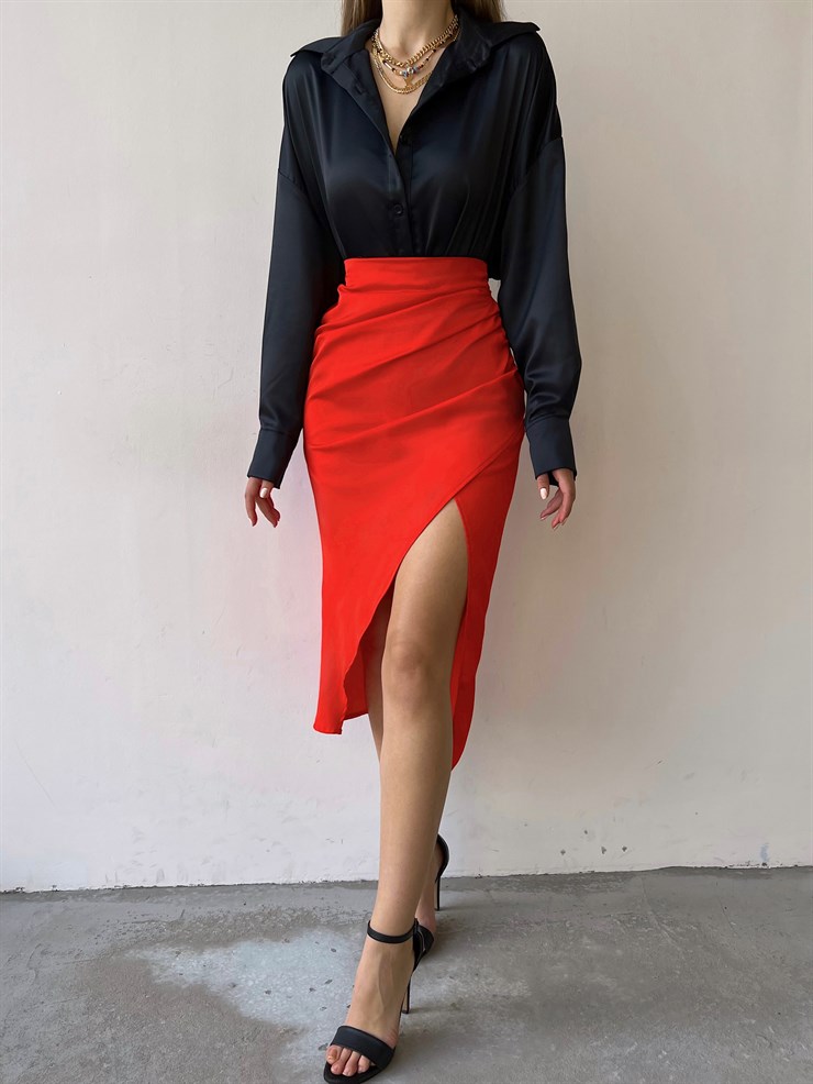 Kruvaze Yandan Yırtmaçlı Drape Kadın Nar Çiçeği Etek 22K000374