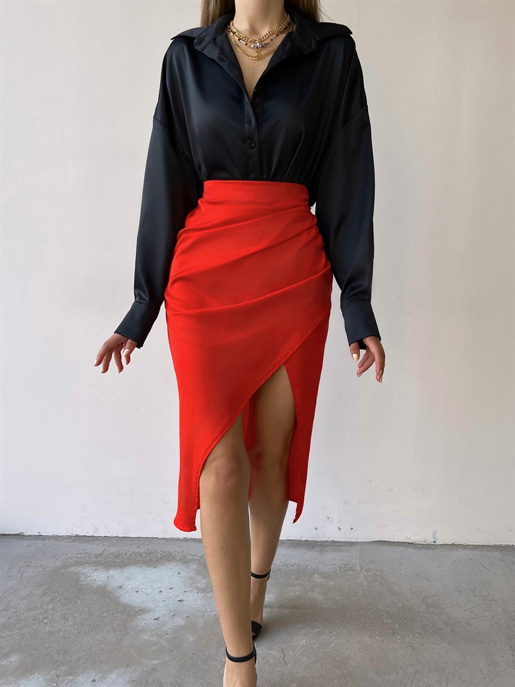 Kruvaze Yandan Yırtmaçlı Drape Kadın Nar Çiçeği Etek 22K000374