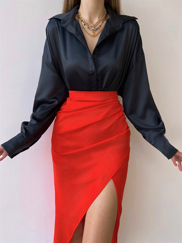 Kruvaze Yandan Yırtmaçlı Drape Kadın Nar Çiçeği Etek 22K000374