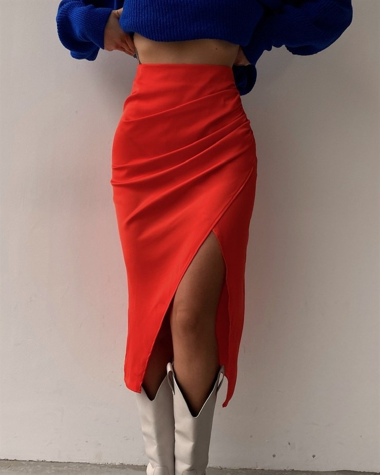 Kruvaze Yandan Yırtmaçlı Drape Kadın Oranj Etek 22K000374