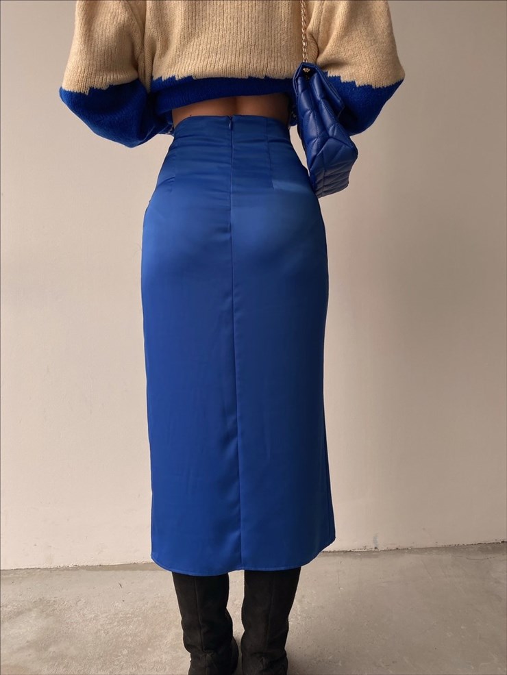 Kruvaze Yandan Yırtmaçlı Drape Kadın Saks Etek 22K000374