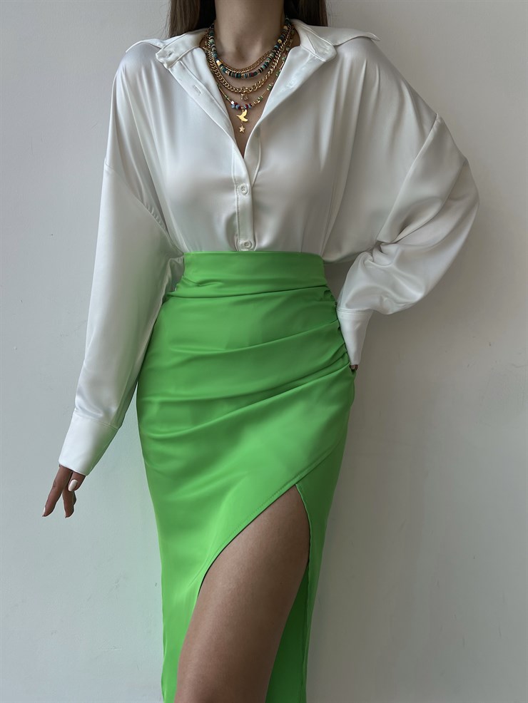 Kruvaze Yandan Yırtmaçlı Drape Kadın Yeşil Etek 22K000374