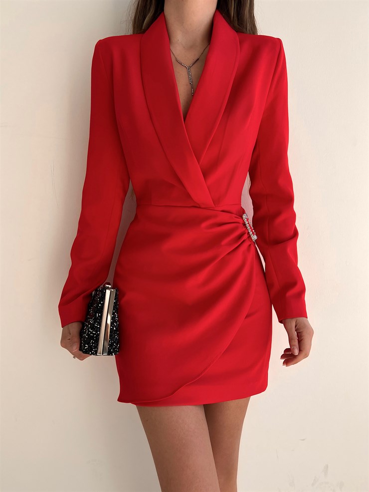 Kruvaze Yanı Toka Detaylı Libby Kadın Kırmızı Ceket Elbise 22Y000129