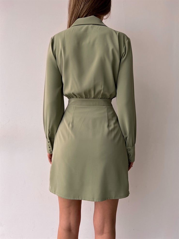 Kruvaze Yanları Zincir Detaylı Cadence Kadın Yeşil Gömlek Elbise 22Y000037