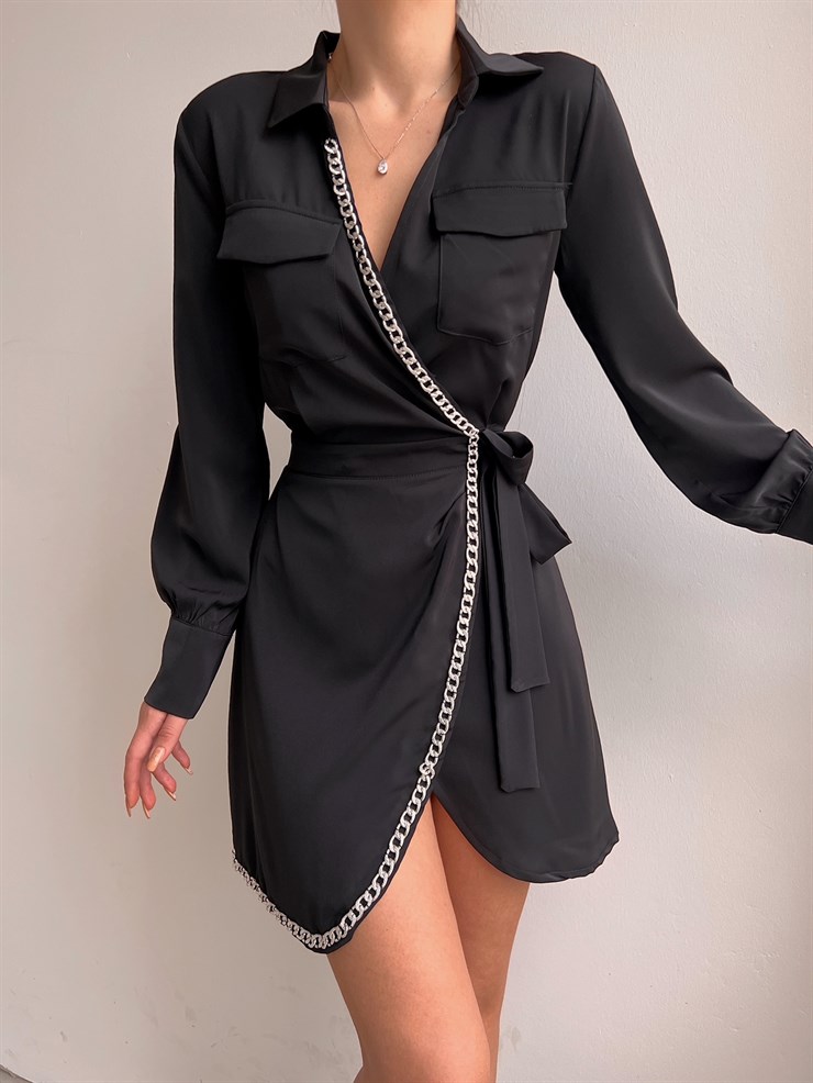 Kruvaze Yanları Zincir Detaylı Cadence Kadın Siyah Gömlek Elbise 22Y000037