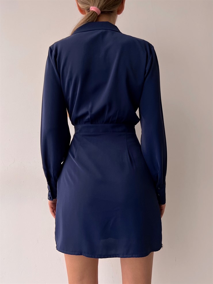 Kruvaze Yanları Zincir Detaylı Cadence Kadın Lacivert Gömlek Elbise 22Y000037