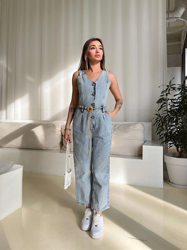 Askılı V Yaka Düğme Kapamalı Beli Kemerli Kuiin Kar Yıkama Kadın Tulum 25Y106