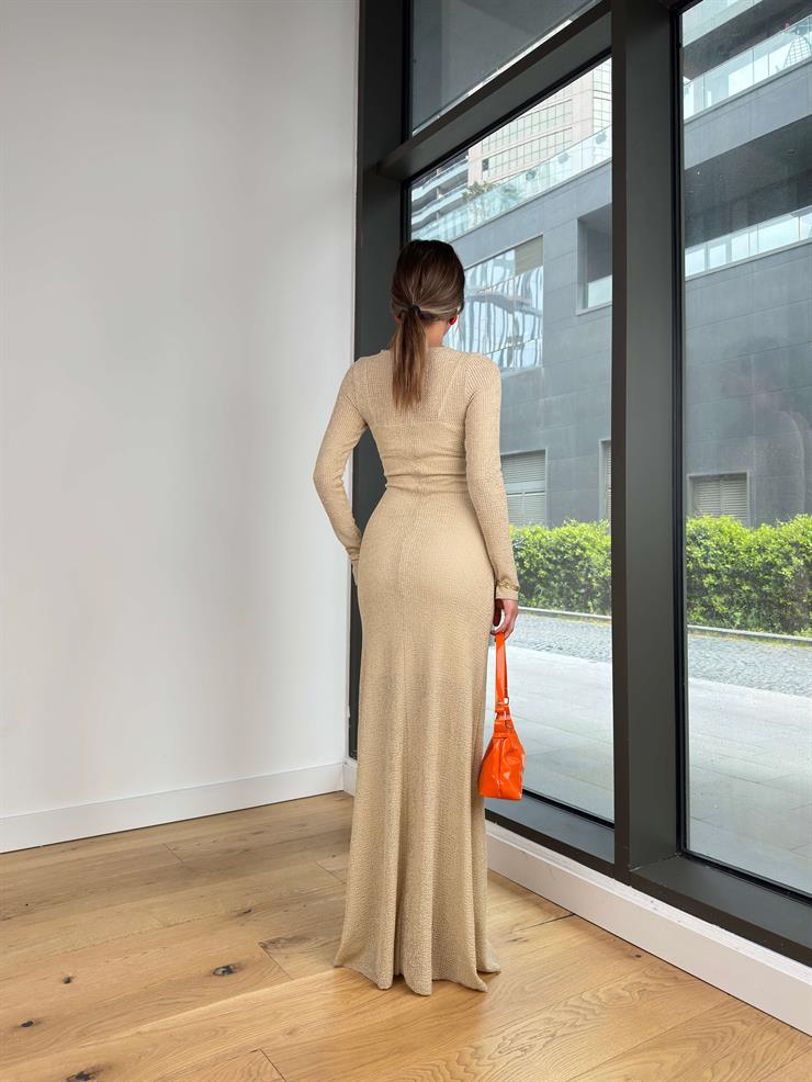 Uzun Kol Yırtmaçlı Kuklin Taş Kadın Örme Elbise 25Y337