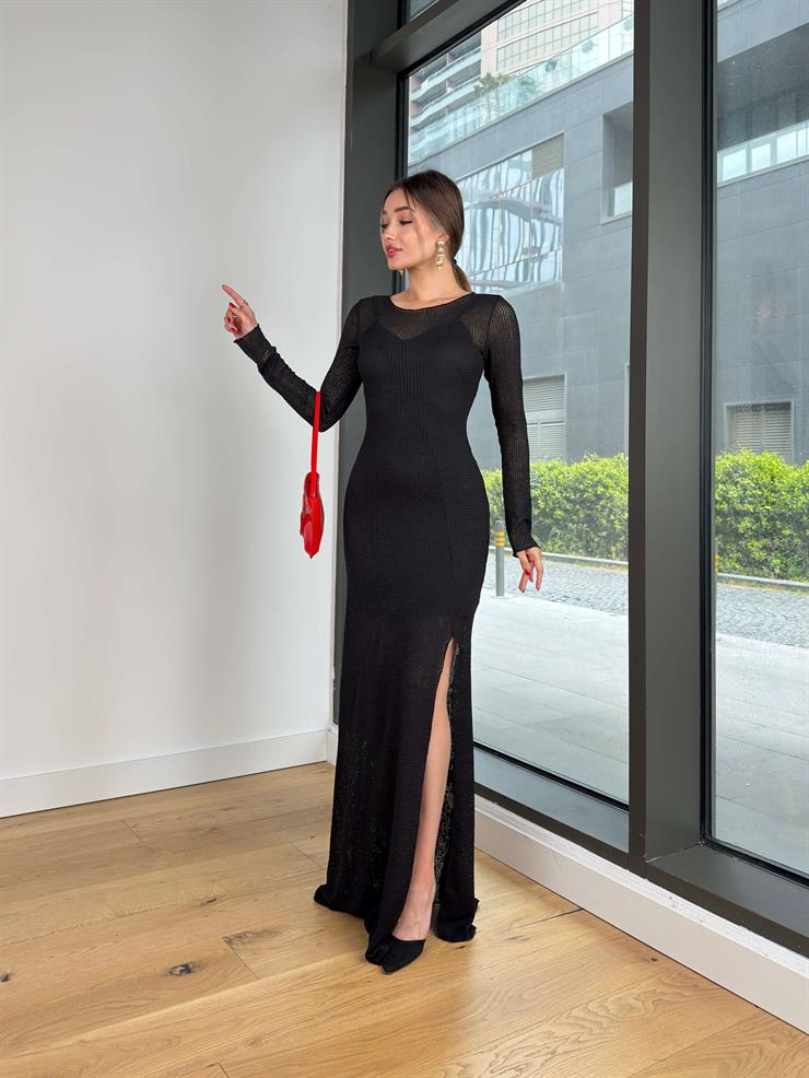 Uzun Kol Yırtmaçlı Kuklin Siyah Kadın Örme Elbise 25Y337