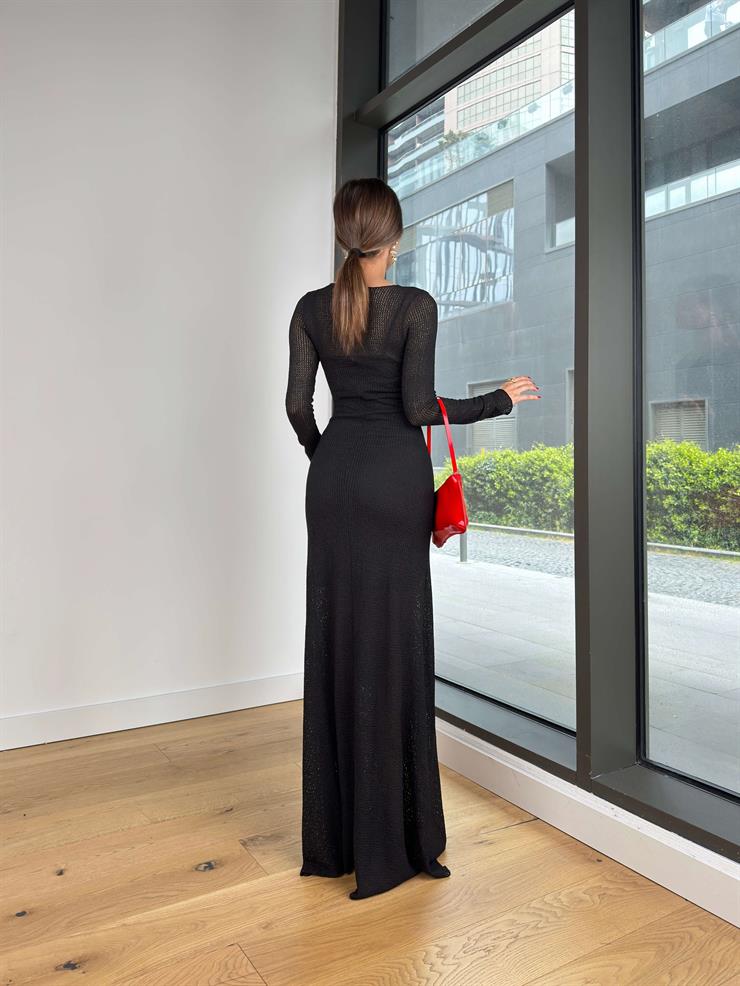 Uzun Kol Yırtmaçlı Kuklin Siyah Kadın Örme Elbise 25Y337