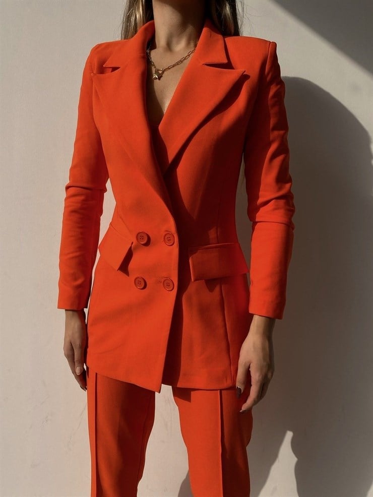 Kuplu Bluz Blazer Ceket & Pantolon Adelisa Kadın Turuncu Üçlü Takım 22K000262