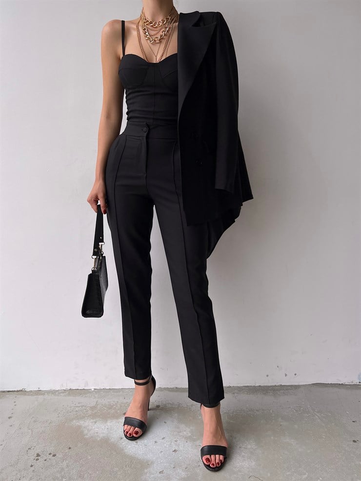 Kuplu Bluz Blazer Ceket & Pantolon Adelisa Kadın Siyah Üçlü Takım 22K000262