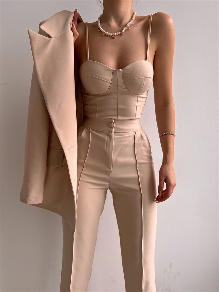 Kuplu Bluz Blazer Ceket & Pantolon Adelisa Kadın Bej Üçlü Takım 22K000262