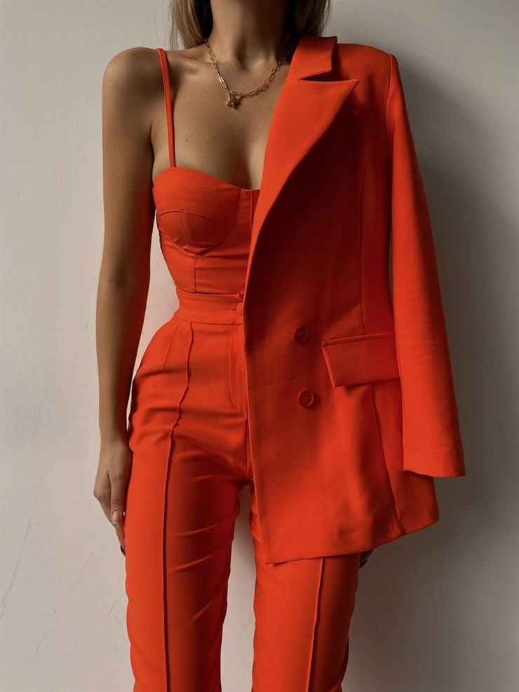 Kuplu Bluz Blazer Ceket & Pantolon Adelisa Kadın Turuncu Üçlü Takım 22K000262