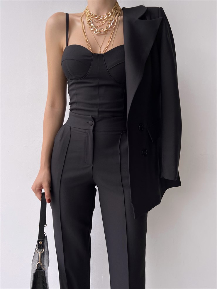 Kuplu Bluz Blazer Ceket & Pantolon Adelisa Kadın Siyah Üçlü Takım 22K000262