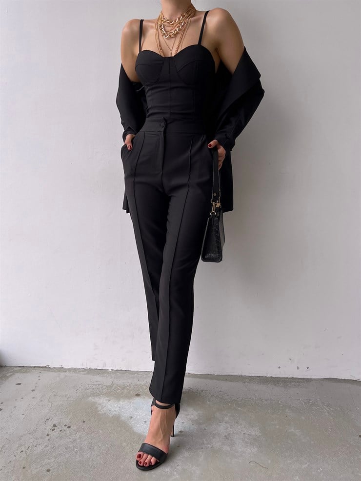 Kuplu Bluz Blazer Ceket & Pantolon Adelisa Kadın Siyah Üçlü Takım 22K000262