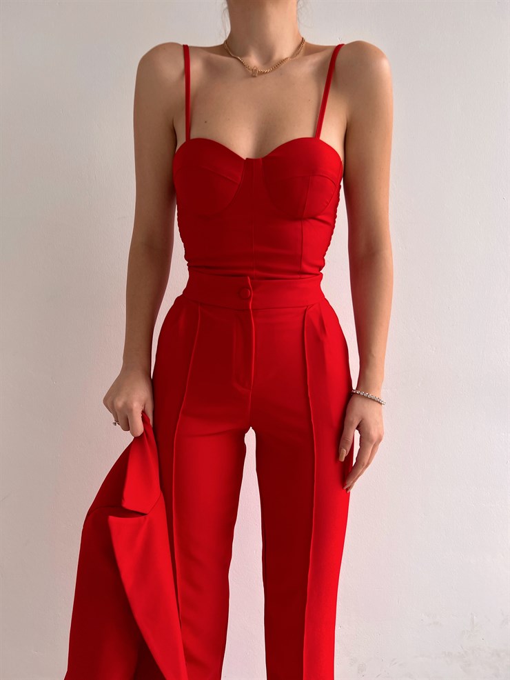 Kuplu Bluz Blazer Ceket & Pantolon Adelisa Kadın Kırmızı Üçlü Takım 22K000262