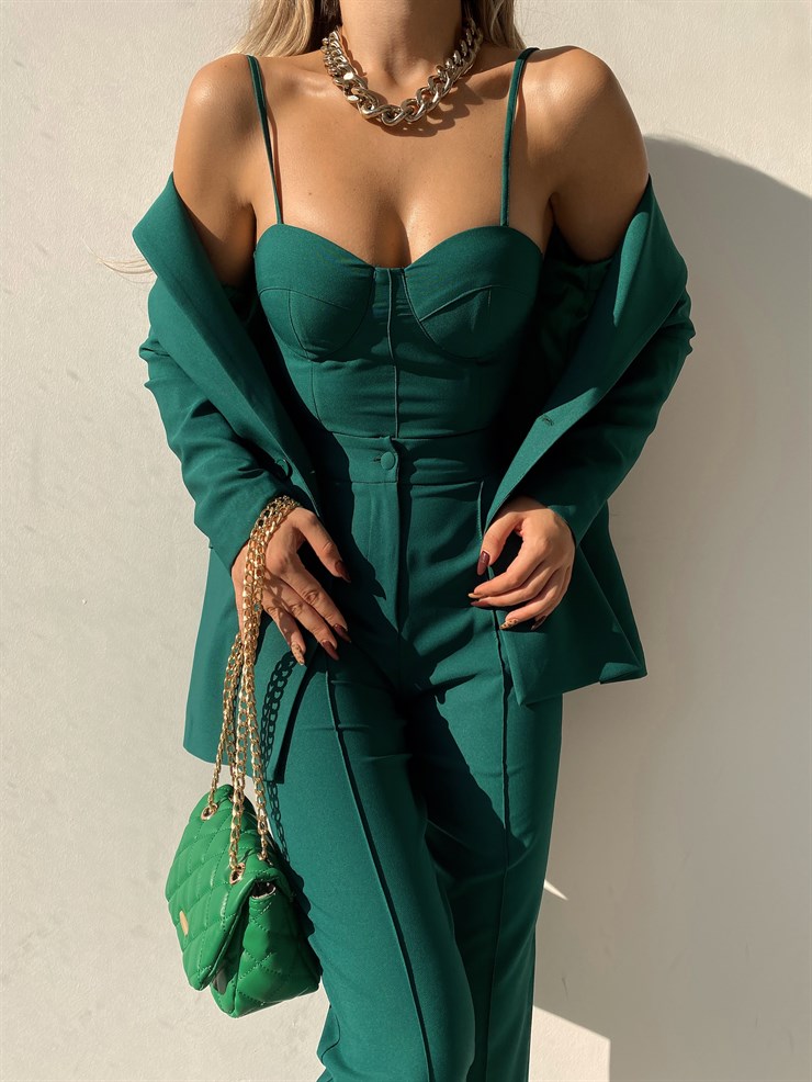 Kuplu Bluz Blazer Ceket & Pantolon Adelisa Kadın Zümrüt Üçlü Takım 22K000262