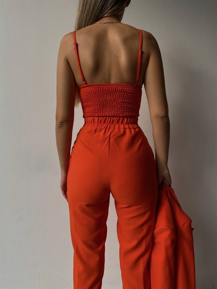 Kuplu Bluz Blazer Ceket & Pantolon Adelisa Kadın Turuncu Üçlü Takım 22K000262