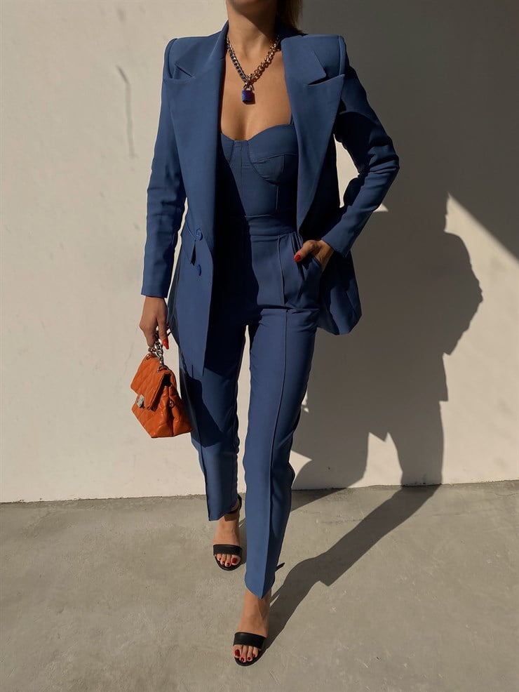 Kuplu Bluz Blazer Ceket & Pantolon Adelisa Kadın İndigo Üçlü Takım 22K000262