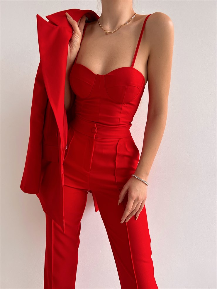 Kuplu Bluz Blazer Ceket & Pantolon Adelisa Kadın Kırmızı Üçlü Takım 22K000262