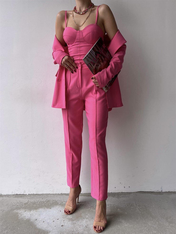 Kuplu Bluz Blazer Ceket & Pantolon Adelisa Kadın Fuşya Üçlü Takım 22K000262
