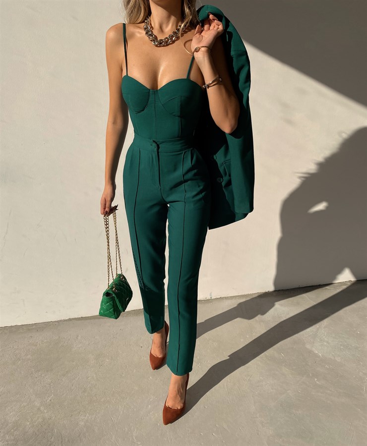 Kuplu Bluz Blazer Ceket & Pantolon Adelisa Kadın Zümrüt Üçlü Takım 22K000262