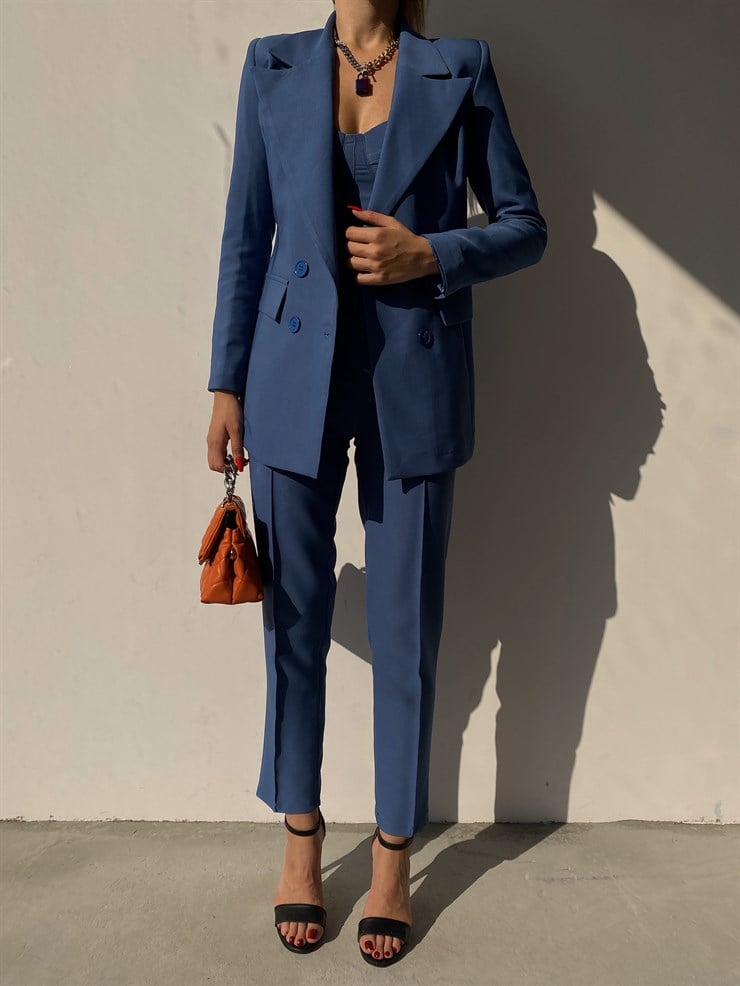 Kuplu Bluz Blazer Ceket & Pantolon Adelisa Kadın İndigo Üçlü Takım 22K000262